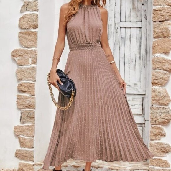 Shirred Waist Pleated Hem Swiss Dot Dress BROWN - Picture 1 of 8